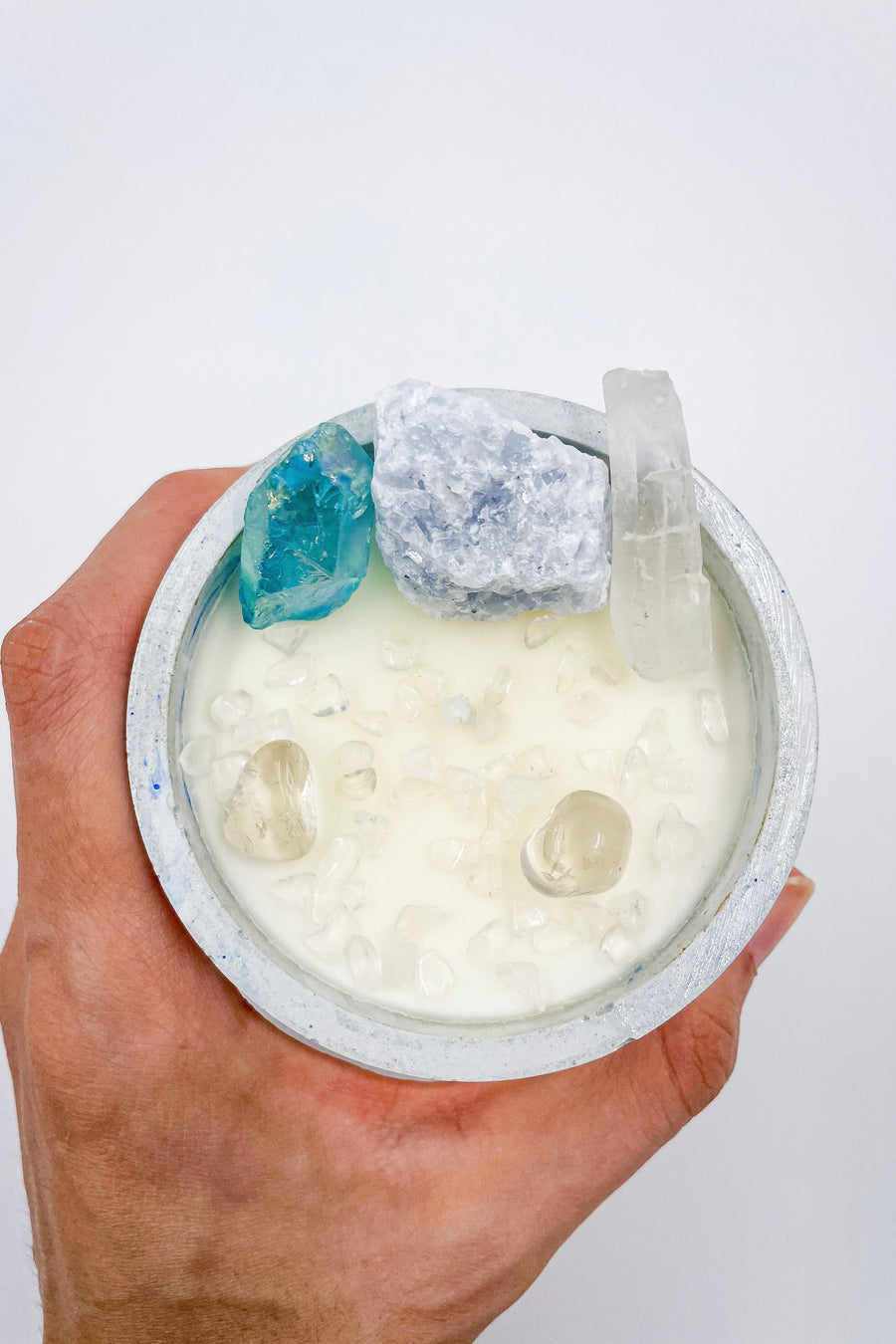 MEDITATION CANDLE | Point of Aqua Aura and Laser Quartz, Blue Calcite and Rock Crystal